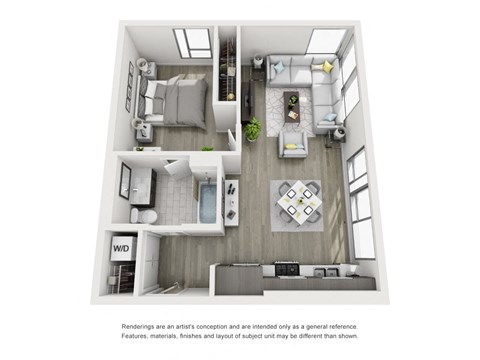 a 3d floor plan of a 1 bedroom apartment